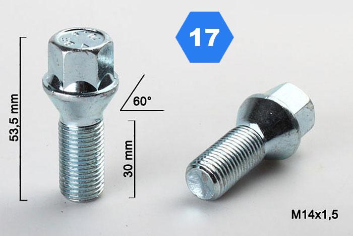 M14x1,5 Wielbout conisch, Draadlengte 30mm, SW 17